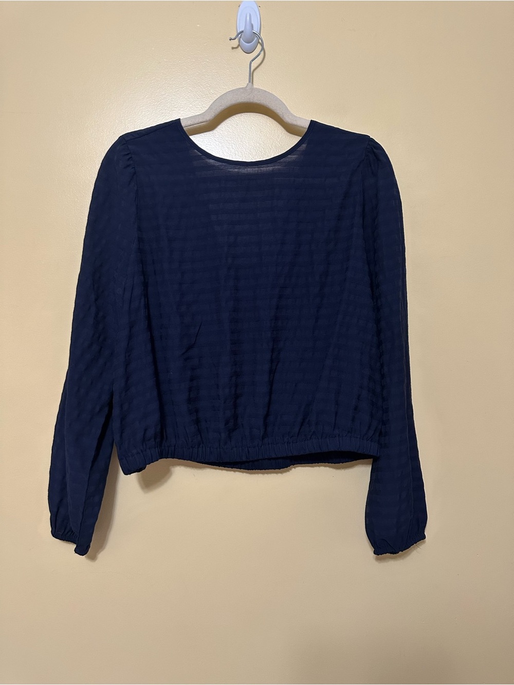 Loft Cinched Hem Round Neck Long Sleeve Cropped Blouse Women M Navy Blue
